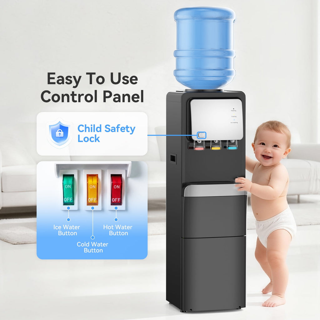 Friwest Water Cooler Dispenser with Ice Maker – Hot & Cold Water for 5 Gallon Bottle, 33lbs Ice per 24Hrs, Child Safety Lock – for Home Office Kitchen, Black