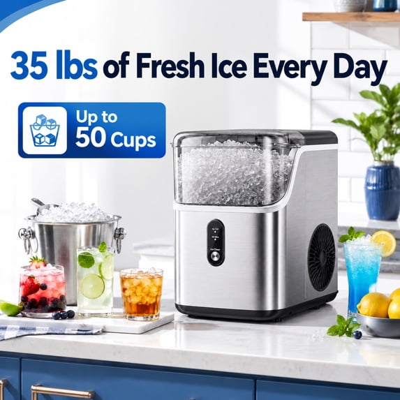 Friwest Nugget Ice Maker Countertop, Portable Pebble Ice Machine with Self-Cleaning, Soft Chewable Ice Maker for Home Kitchen Office RV