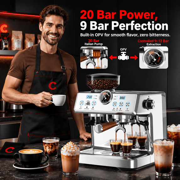 Friwest Espresso Machine with Grinder, 20 Bar Semi-Automatic Coffee Maker with Dual Boiler, 58mm Portafilter, PID Temperature Control, Steam Wand & 2.5L Water Tank, Stainless Steel