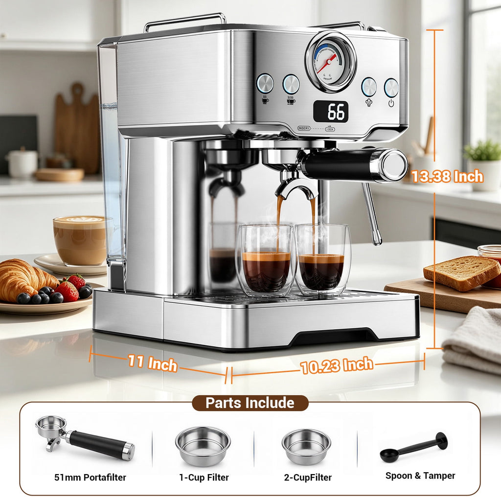 Friwest Espresso Machine with Steam Wand, 20 Bar Coffee Maker, Stainless Steel Espresso Machine for Latte, Cappuccino, Espresso, Ground Coffee & Coffee Pods