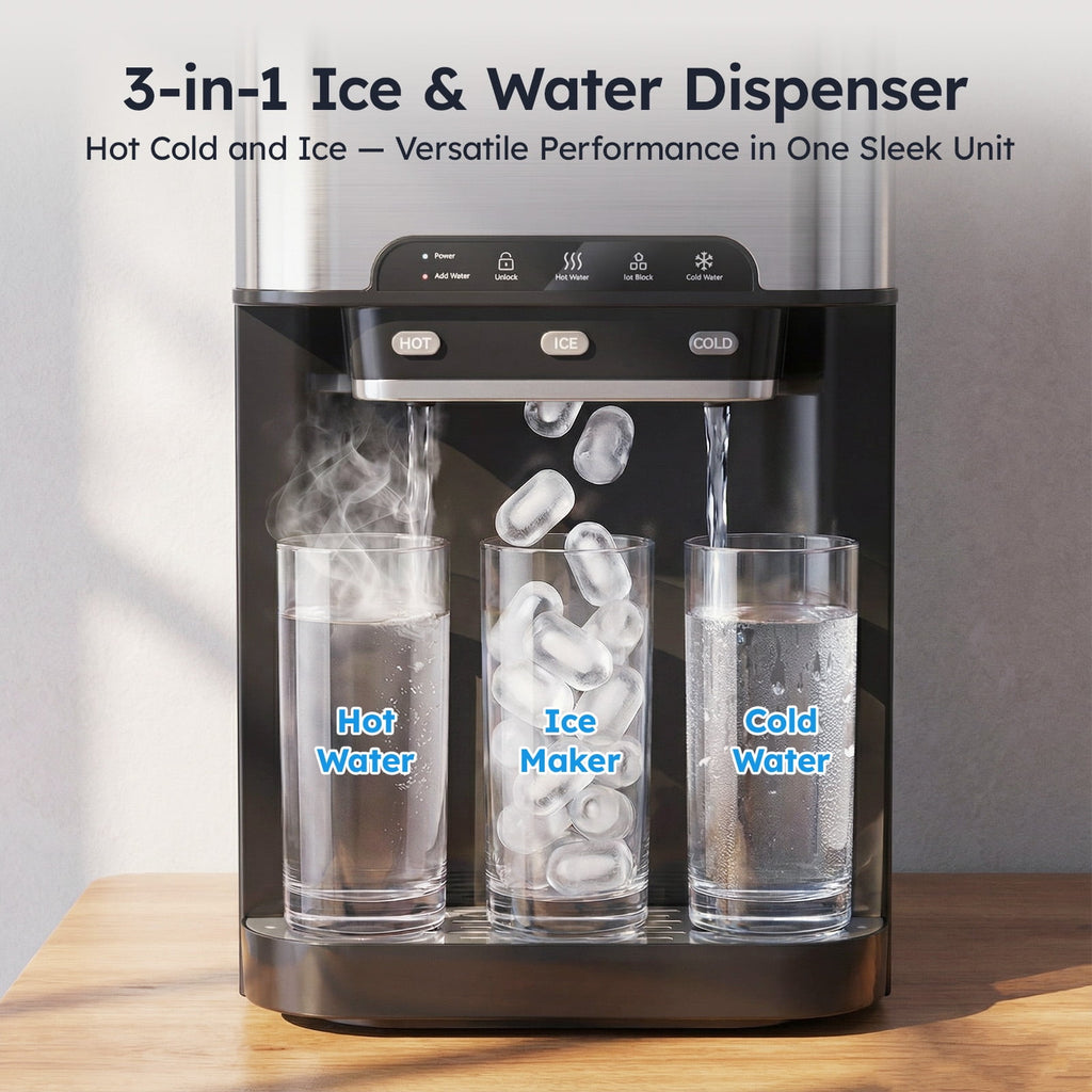 Countertop Water Dispenser with Ice Maker, 3-in-1 Hot & Cold Water Dispenser with Countertop Ice Maker, 44LBS/24H Ice Machine