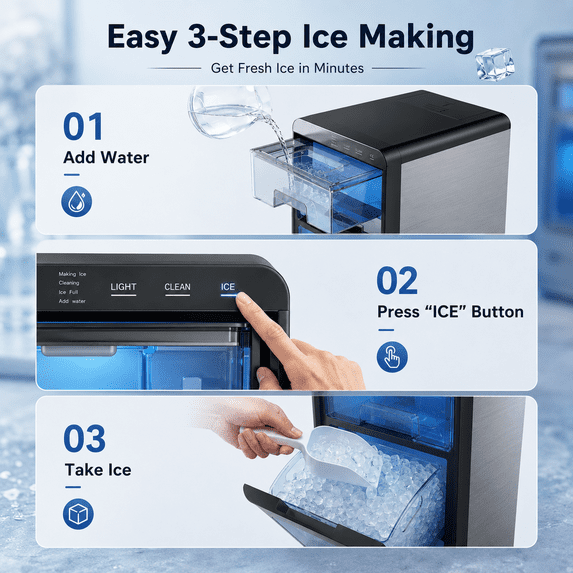 Friwest Nugget Ice Maker Countertop, 44lbs/24H Pebble Ice Maker Machine, Self-Cleaning Countertop Ice Makers with Ice Scoop, 8-10 Minute First Ice