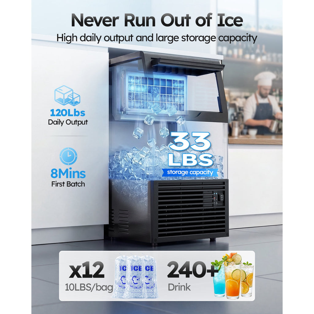 Friwest Commercial Ice Maker, 120 lbs/24H with 33 lb Storage Bin, Dual Water Inlet, 6-Level Adjustable Ice Thickness, Self-Cleaning Ice Machine for Restaurant Bar Office Black