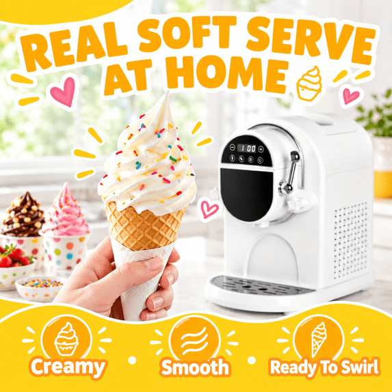 Friwest 1.5 QT Soft Serve Ice Cream Machine, Built-In Compressor, No Pre-Freezing, 10-Level Adjustable Hardness, Self-Cleaning, 30-40 Min, Soft Serve Ice Cream Maker for Home, White