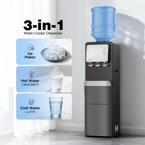 Friwest Water Cooler Dispenser with Ice Maker – Hot & Cold Water for 5 Gallon Bottle, 33lbs Ice per 24Hrs, Child Safety Lock – for Home Office Kitchen, Black