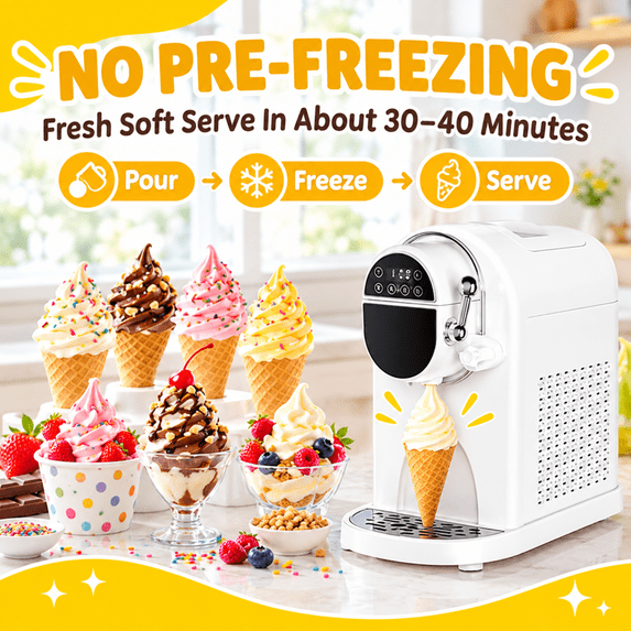 Friwest 1.5 QT Soft Serve Ice Cream Machine, Built-In Compressor, No Pre-Freezing, 10-Level Adjustable Hardness, Self-Cleaning, 30-40 Min, Soft Serve Ice Cream Maker for Home, White