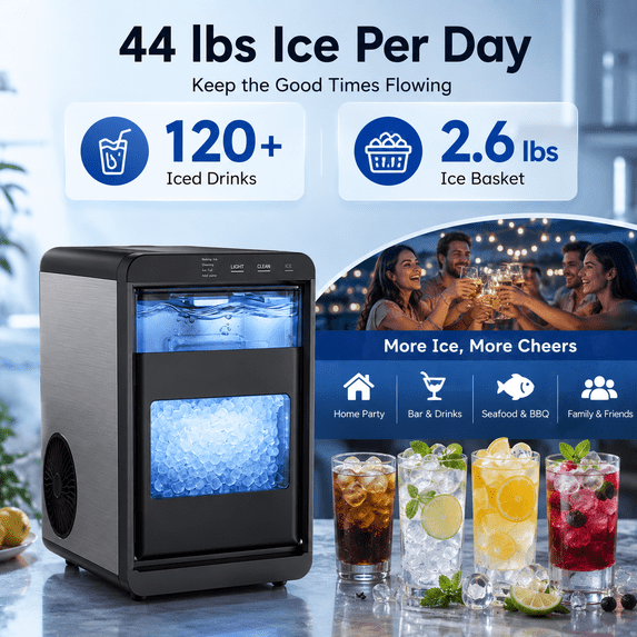 Friwest Nugget Ice Maker Countertop, 44lbs/24H Pebble Ice Maker Machine, Self-Cleaning Countertop Ice Makers with Ice Scoop, 8-10 Minute First Ice
