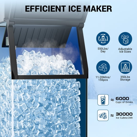Friwest 550LBS/24H Commercial Ice Maker Machine, 350LBS Storage Bin, Stainless Steel Freestanding Ice Machine with Self-Cleaning