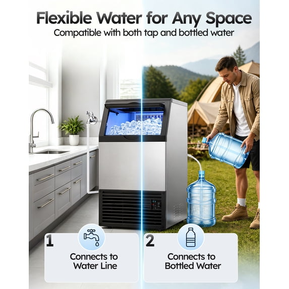 Friwest Commercial Ice Maker 100 lbs/24H, Dual Water Supply Ice Machine with 33 lb Storage Bin, Built-In or Freestanding with Self-Cleaning for Home Bar Restaurant