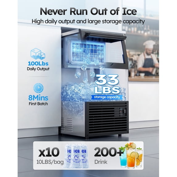 Friwest Commercial Ice Maker 100 lbs/24H, Dual Water Supply Ice Machine with 33 lb Storage Bin, Built-In or Freestanding with Self-Cleaning for Home Bar Restaurant