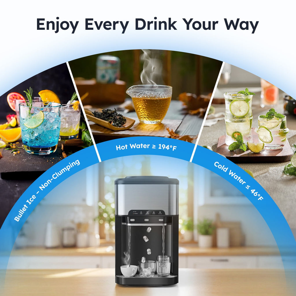 Countertop Water Dispenser with Ice Maker, 3-in-1 Hot & Cold Water Dispenser with Countertop Ice Maker, 44LBS/24H Ice Machine