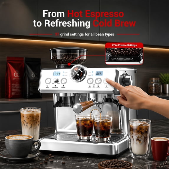 Friwest Espresso Machine with Grinder, 20 Bar Semi-Automatic Coffee Maker with Dual Boiler, 58mm Portafilter, PID Temperature Control, Steam Wand & 2.5L Water Tank, Stainless Steel