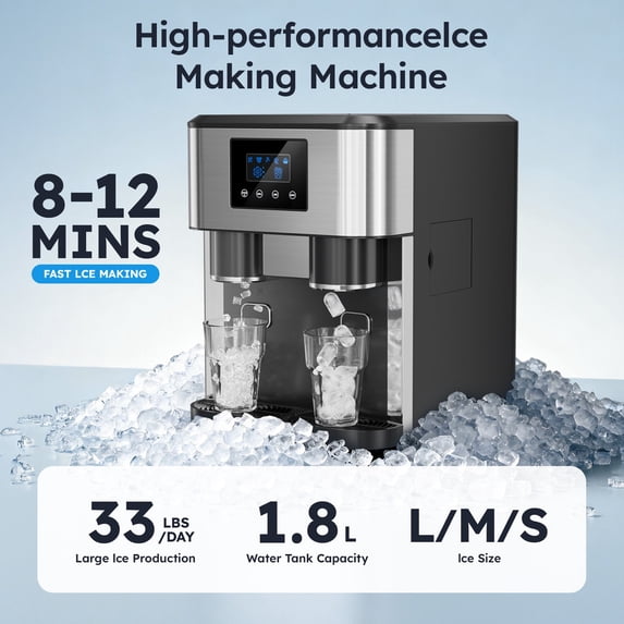 Friwest 3 In 1 Countertop Ice Maker Water Dispenser, Bullet Ice, Crushed Ice & Cold Water, 33Lbs/24H, SelfCleaning, Dual Water Fill, Compact for Home Kitchen Party RV