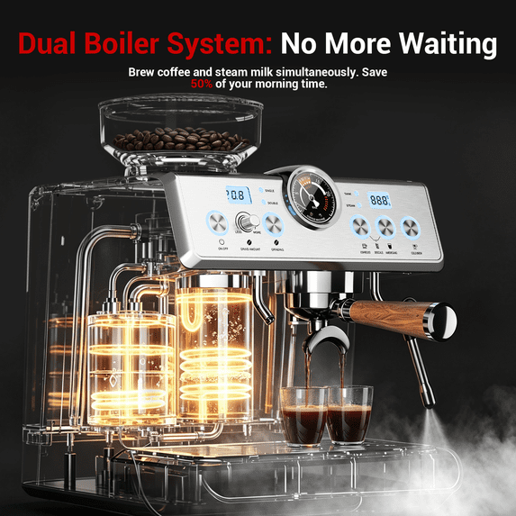 Friwest Espresso Machine with Grinder, 20 Bar Semi-Automatic Coffee Maker with Dual Boiler, 58mm Portafilter, PID Temperature Control, Steam Wand & 2.5L Water Tank, Stainless Steel