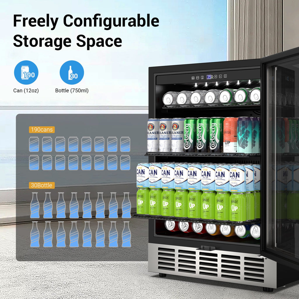 Friwest 24 Inch Beverage Refrigerator Cooler,190 Cans Wide Beverage and Beer Fridge with Glass Door and Powerful Cooling Compressor