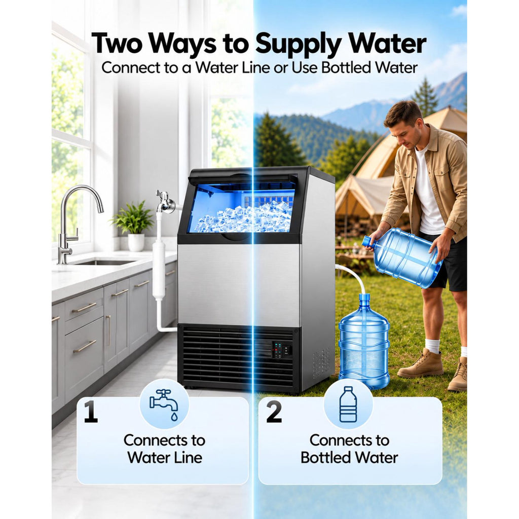 Friwest Commercial Ice Maker, 120 lbs/24H with 33 lb Storage Bin, Dual Water Inlet, 6-Level Adjustable Ice Thickness, Self-Cleaning Ice Machine for Restaurant Bar Office Black Sliver