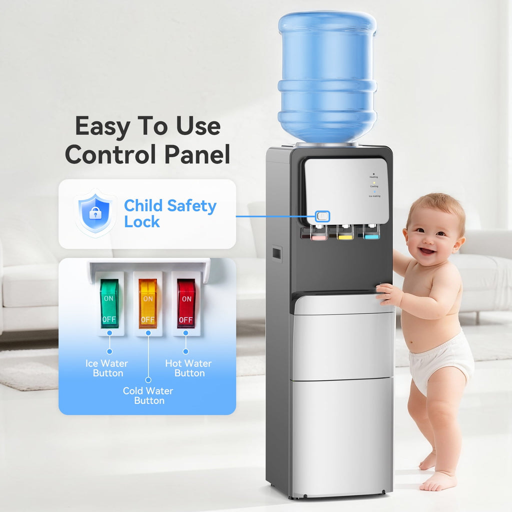 Friwest Water Cooler Dispenser with Ice Maker Machine, Hot & Cold Water Cooler for 5 Gallon Bottle, 33lbs Ice in 24Hrs, Child Safety Lock, Water Dispenser for Home, Office, Black
