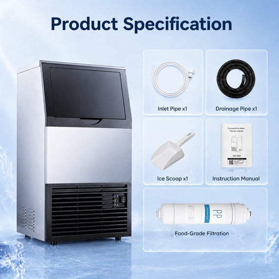 Friwest Commercial Ice Maker Machine, 150 Lbs/24H, 50 Lbs Storage Bin, 45 Cube Square Ice, Adjustable Ice Thickness, Dual Water Inlet Self-cleaning Ice Machine for Bar, Cafe, Shop & Home