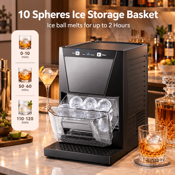 Friwest Clear Ice Ball Maker Countertop, 2" Sphere Ice Maker 2 Ice balls in 40-60Mins, Self Cleaning Ice Machine with Ice Tongs Drip Tray