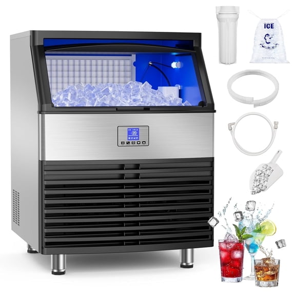 Friwest 450LBS/24H Commercial Ice Maker Machine, 120LBS Storage Bin, Under Counter Stainless Steel Ice Machine with Self-Cleaning LCD Panel for Restaurant, Bar, Café, Office & Hotel