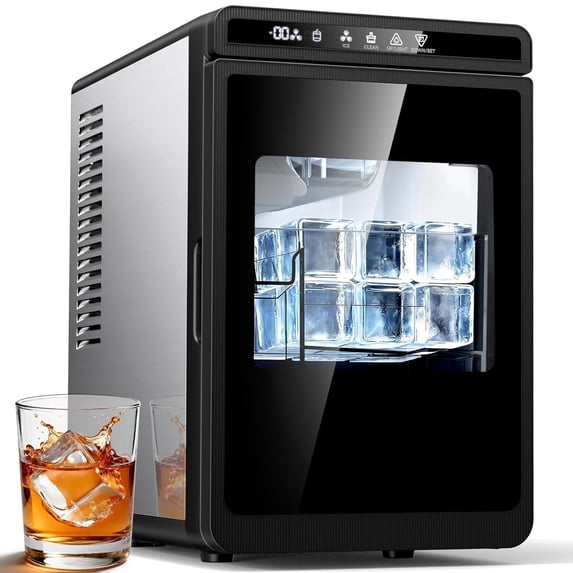 Friwest Clear Square Ice Maker, 2" SlowMelting Ice Cubes for Whiskey Cocktail, One Touch Auto Clean, Stainless Steel Countertop Ice Machine for Home Bar