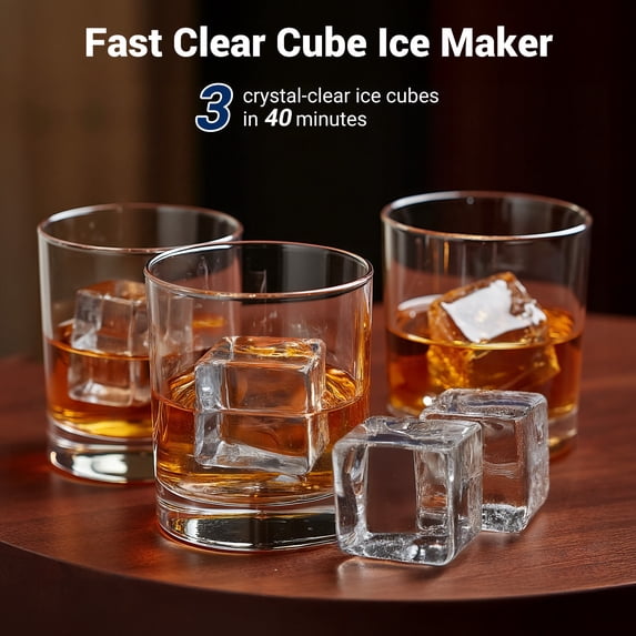 Friwest Clear Square Ice Maker, 2" SlowMelting Ice Cubes for Whiskey Cocktail, One Touch Auto Clean, Stainless Steel Countertop Ice Machine for Home Bar