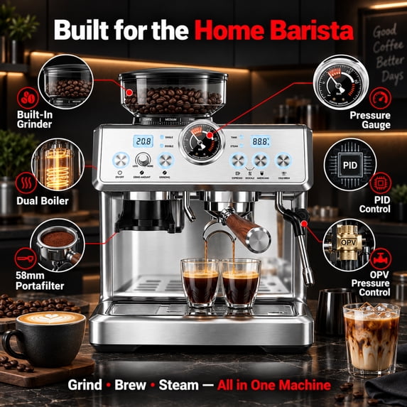 Friwest Espresso Machine with Grinder, 20 Bar Semi-Automatic Coffee Maker with Dual Boiler, 58mm Portafilter, PID Temperature Control, Steam Wand & 2.5L Water Tank, Stainless Steel