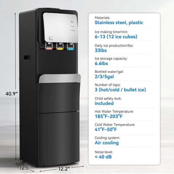 Friwest Water Cooler Dispenser with Ice Maker – Hot & Cold Water for 5 Gallon Bottle, 33lbs Ice per 24Hrs, Child Safety Lock – for Home Office Kitchen, Black