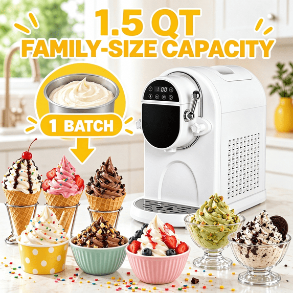 Friwest 1.5 QT Soft Serve Ice Cream Machine, Built-In Compressor, No Pre-Freezing, 10-Level Adjustable Hardness, Self-Cleaning, 30-40 Min, Soft Serve Ice Cream Maker for Home, White