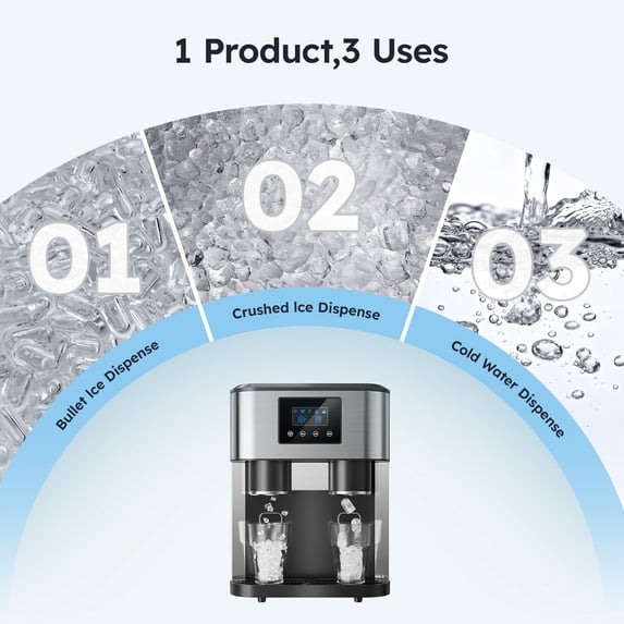 Friwest 3 In 1 Countertop Ice Maker Water Dispenser, Bullet Ice, Crushed Ice & Cold Water, 33Lbs/24H, SelfCleaning, Dual Water Fill, Compact for Home Kitchen Party RV