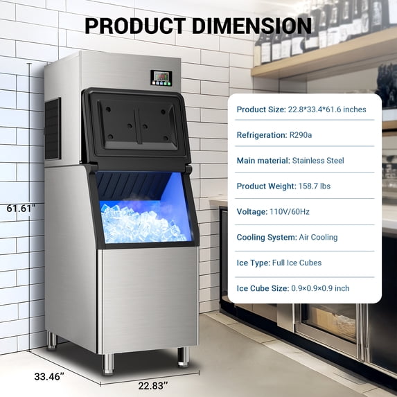 Friwest 550LBS/24H Commercial Ice Maker Machine, 350LBS Storage Bin, Stainless Steel Freestanding Ice Machine with Self-Cleaning
