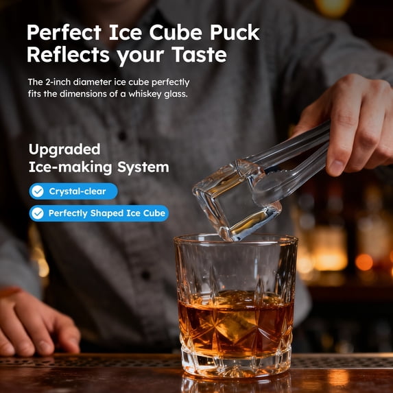 Friwest Clear Square Ice Maker, 2" SlowMelting Ice Cubes for Whiskey Cocktail, One Touch Auto Clean, Stainless Steel Countertop Ice Machine for Home Bar