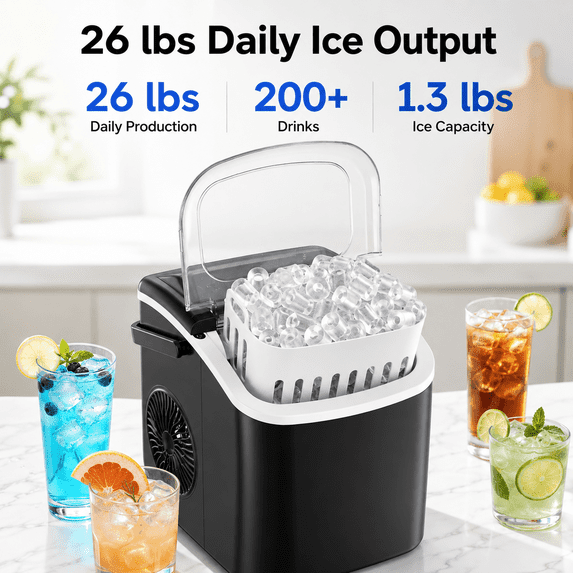 Friwest Countertop Ice Maker, 26 lbs/24H Portable Ice Machine, 9 Bullet Ice Cubes in 6 Min, Self-Cleaning Ice Maker for Kitchen, Home, Office & RV, Black