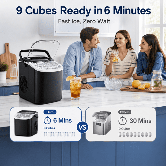 Friwest Countertop Ice Maker, 26 lbs/24H Portable Ice Machine, 9 Bullet Ice Cubes in 6 Min, Self-Cleaning Ice Maker for Kitchen, Home, Office & RV, Black