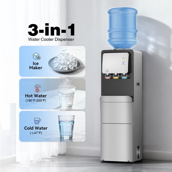 Friwest Water Cooler Dispenser with Ice Maker Machine, Hot & Cold Water Cooler for 5 Gallon Bottle, 33lbs Ice in 24Hrs, Child Safety Lock, Water Dispenser for Home, Office, Black