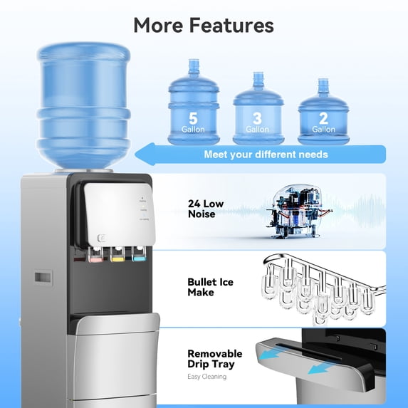 Friwest Water Cooler Dispenser with Ice Maker Machine, Hot & Cold Water Cooler for 5 Gallon Bottle, 33lbs Ice in 24Hrs, Child Safety Lock, Water Dispenser for Home, Office, Black