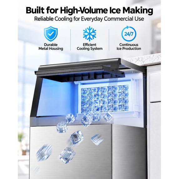 Friwest Commercial Ice Maker, 120 lbs/24H with 33 lb Storage Bin, Dual Water Inlet, 6-Level Adjustable Ice Thickness, Self-Cleaning Ice Machine for Restaurant Bar Office Black Sliver