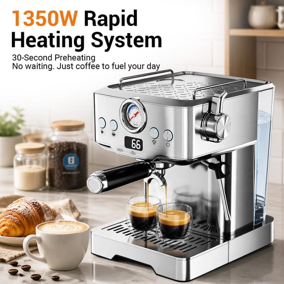 Friwest Espresso Machine with Steam Wand, 20 Bar Coffee Maker, Stainless Steel Espresso Machine for Latte, Cappuccino, Espresso, Ground Coffee & Coffee Pods