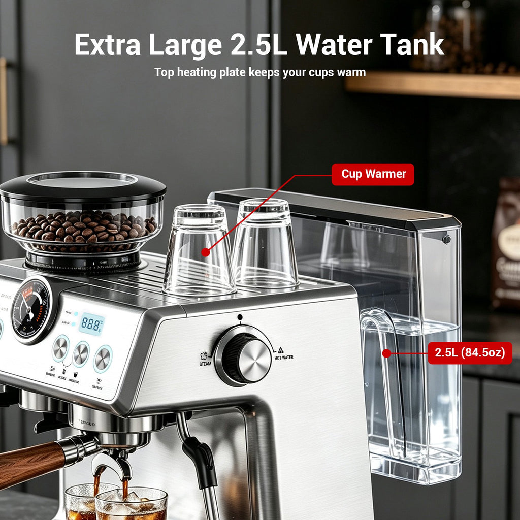 Friwest Espresso Machine with Grinder, 20 Bar Semi-Automatic Coffee Maker with Dual Boiler, 58mm Portafilter, PID Temperature Control, Steam Wand & 2.5L Water Tank, Stainless Steel