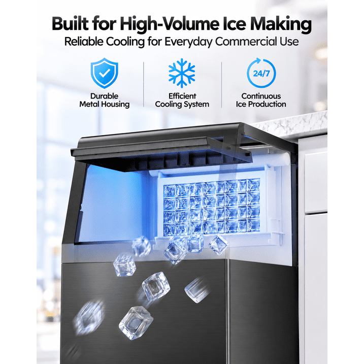 Friwest Commercial Ice Maker, 120 lbs/24H with 33 lb Storage Bin, Dual Water Inlet, 6-Level Adjustable Ice Thickness, Self-Cleaning Ice Machine for Restaurant Bar Office Black