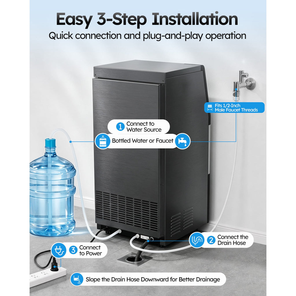 Friwest Commercial Ice Maker, 120 lbs/24H with 33 lb Storage Bin, Dual Water Inlet, 6-Level Adjustable Ice Thickness, Self-Cleaning Ice Machine for Restaurant Bar Office Black