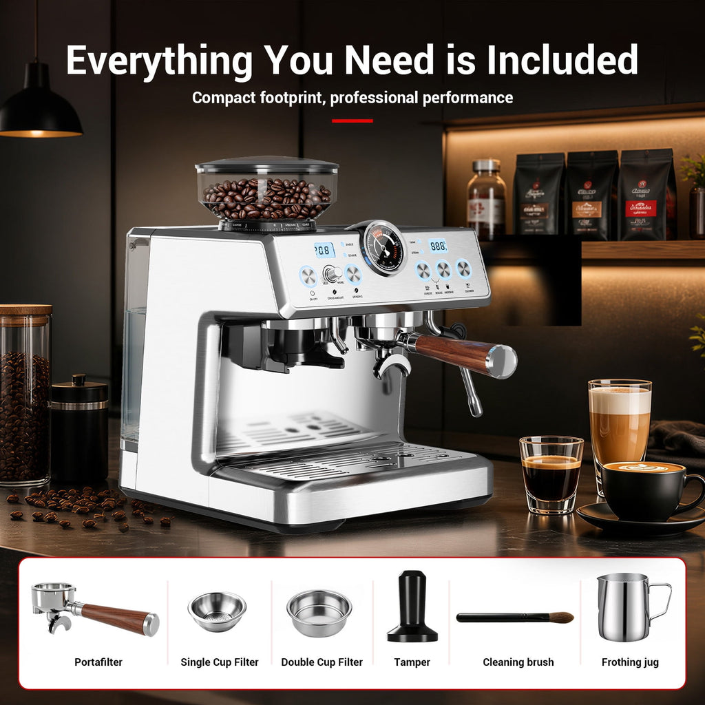 Friwest Espresso Machine with Grinder, 20 Bar Semi-Automatic Coffee Maker with Dual Boiler, 58mm Portafilter, PID Temperature Control, Steam Wand & 2.5L Water Tank, Stainless Steel