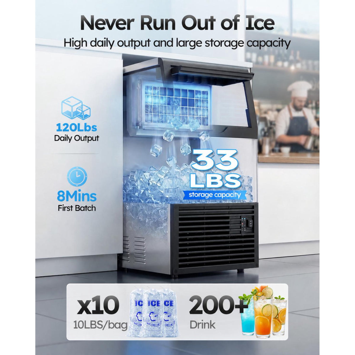 Friwest Commercial Ice Maker, 120 lbs/24H with 33 lb Storage Bin, Dual Water Inlet, 6-Level Adjustable Ice Thickness, Self-Cleaning Ice Machine for Restaurant Bar Office Black Sliver