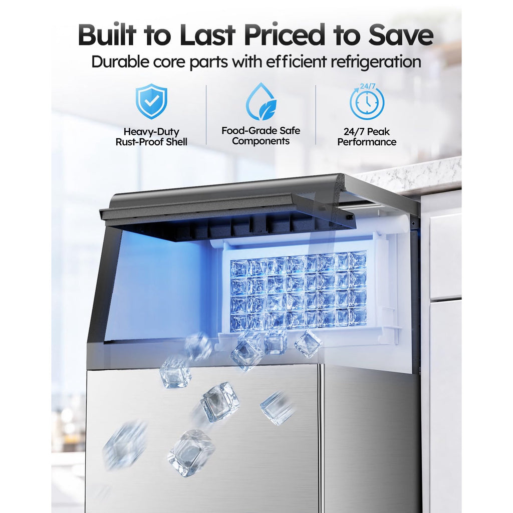 Friwest Commercial Ice Maker 100 lbs/24H, Dual Water Supply Ice Machine with 33 lb Storage Bin, Built-In or Freestanding with Self-Cleaning for Home Bar Restaurant