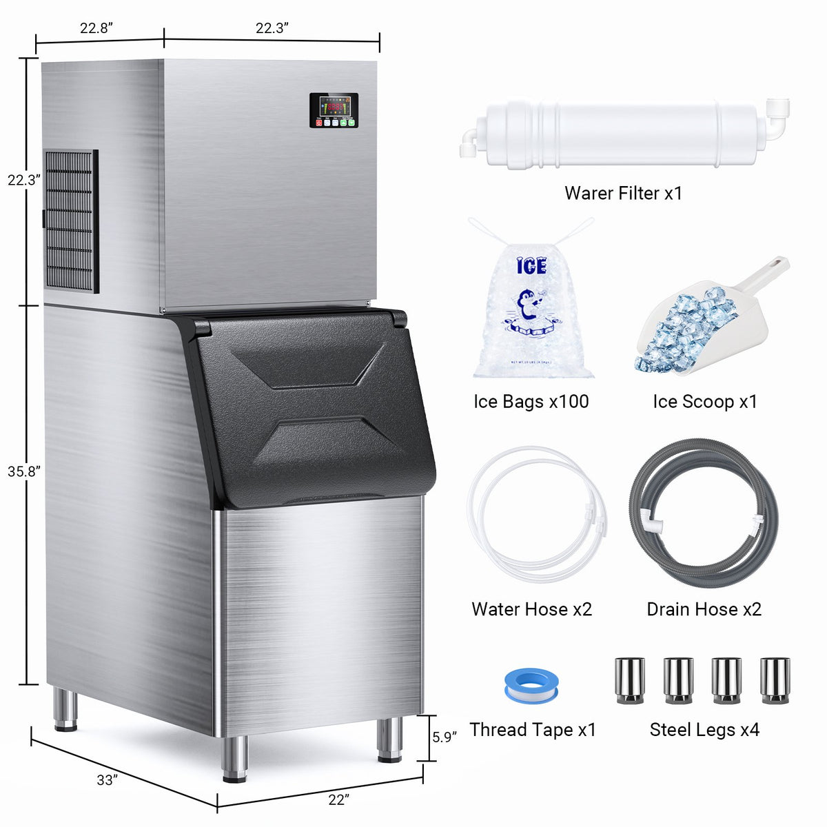 Friwest 550LBS/24H Commercial Ice Maker Machine, 350LBS Storage Bin, Stainless Steel Freestanding Ice Machine with Self-Cleaning