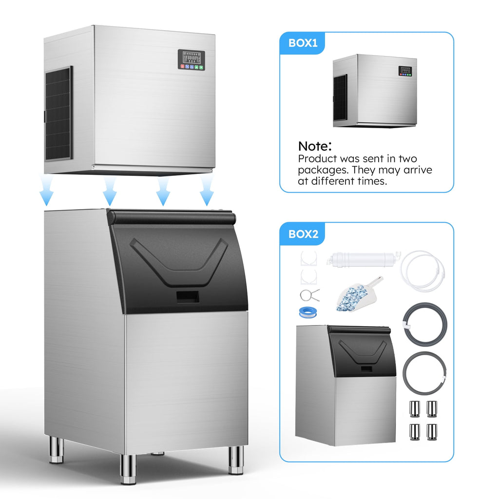 Friwest 550LBS/24H Commercial Ice Maker Machine, 350LBS Storage Bin, Stainless Steel Freestanding Ice Machine with Self-Cleaning