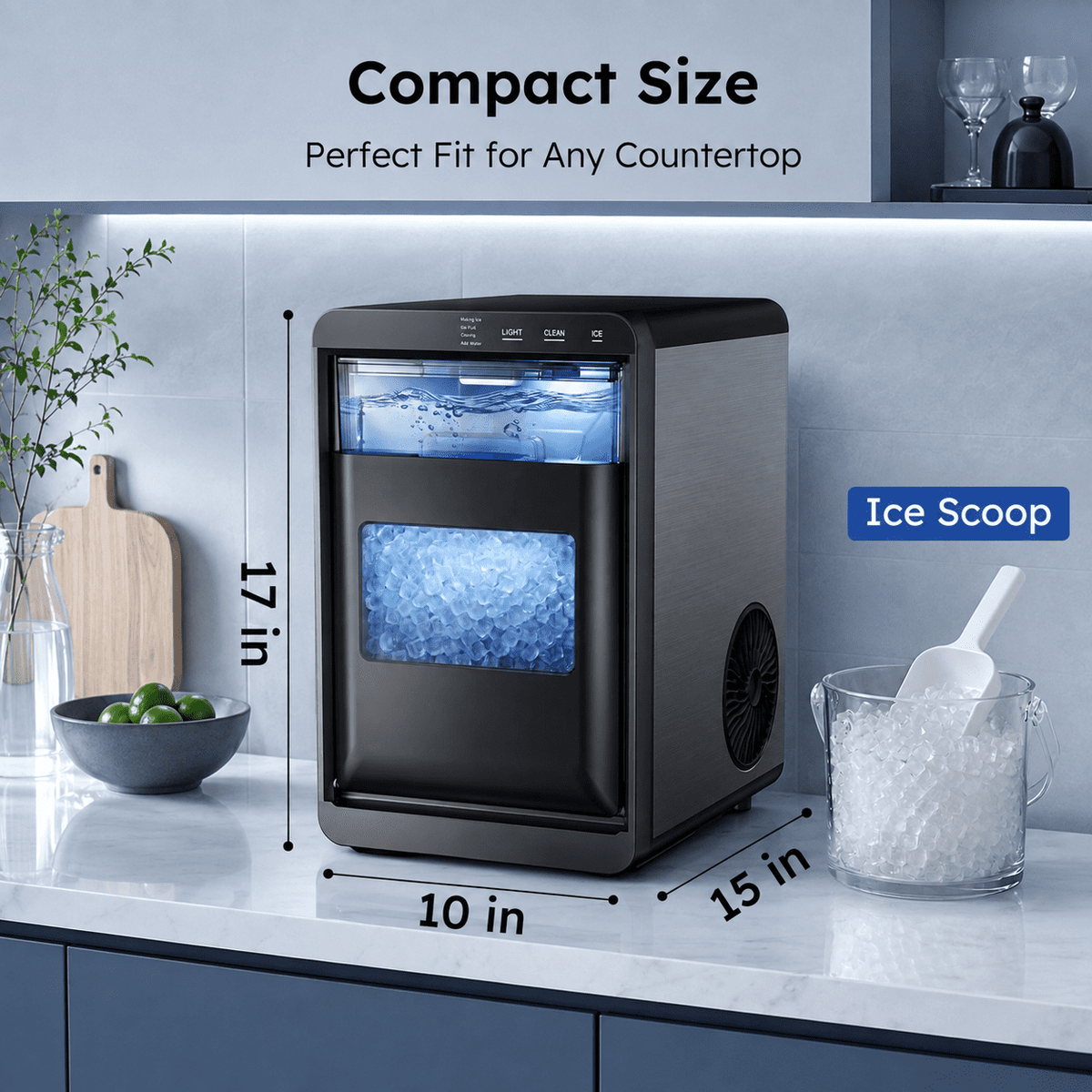 Friwest Nugget Ice Maker Countertop, 44lbs/24H Pebble Ice Maker Machine, Self-Cleaning Countertop Ice Makers with Ice Scoop, 8-10 Minute First Ice
