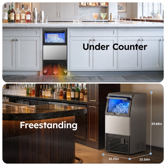 Friwest Commercial Ice Maker Machine, 150 Lbs/24H, 50 Lbs Storage Bin, 45 Cube Square Ice, Adjustable Ice Thickness, Dual Water Inlet Self-cleaning Ice Machine for Bar, Cafe, Shop & Home