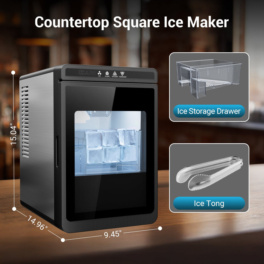 Friwest Clear Square Ice Maker, 2" SlowMelting Ice Cubes for Whiskey Cocktail, One Touch Auto Clean, Stainless Steel Countertop Ice Machine for Home Bar