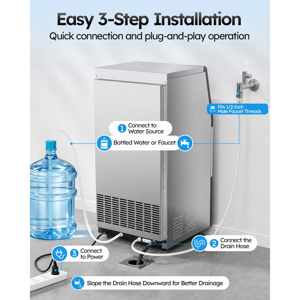 Friwest Commercial Ice Maker 100 lbs/24H, Dual Water Supply Ice Machine with 33 lb Storage Bin, Built-In or Freestanding with Self-Cleaning for Home Bar Restaurant